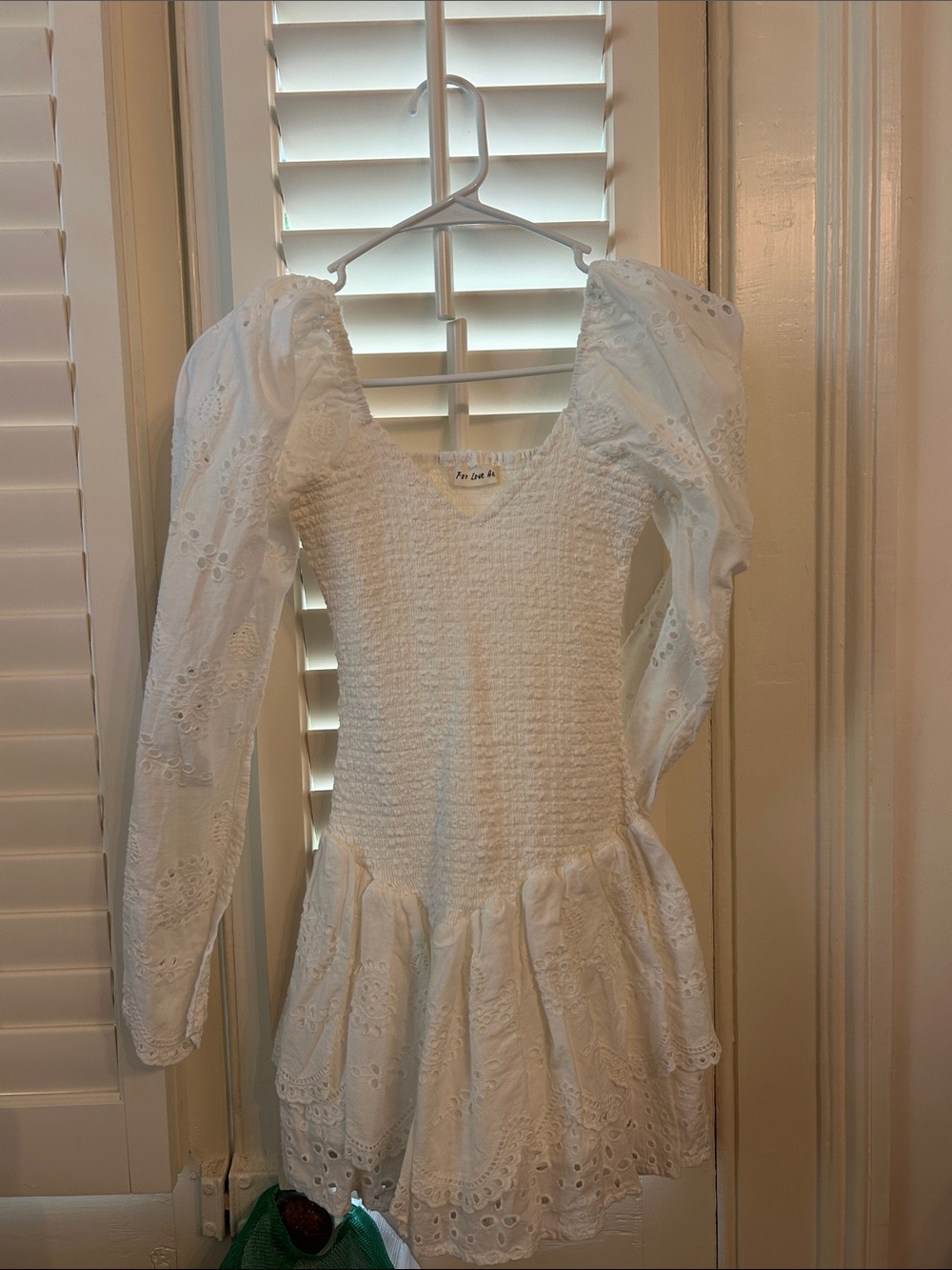 White Eyelet Smocked Mini Dress with Puff Sleeves